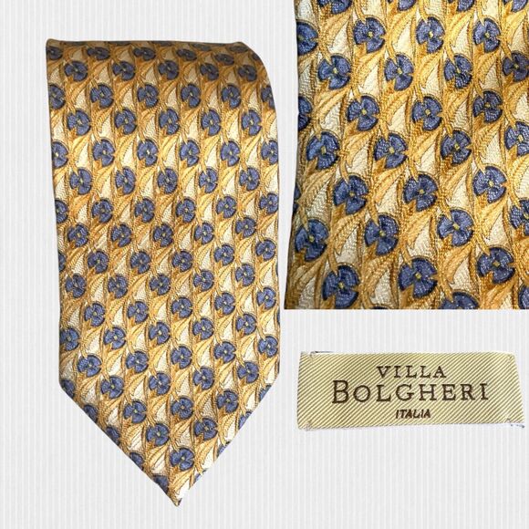 BOLGHERI Men's 100% Silk Necktie ITALY Designer Yellow/Blue/Biege Classic GUC - Picture 1 of 10